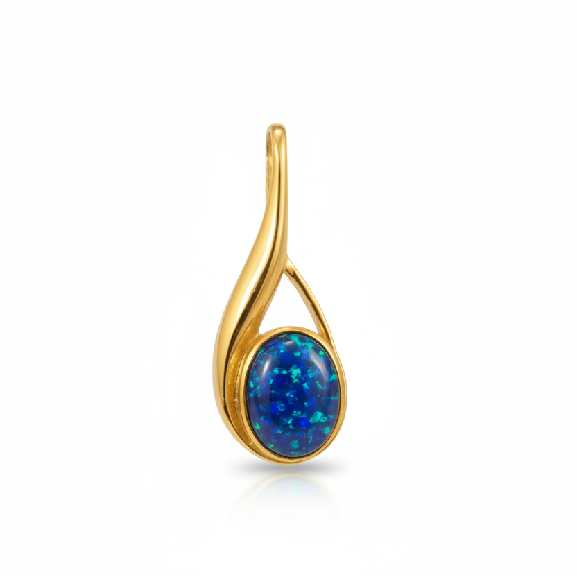 9ct gold teardrop swirl memorial pendant with deep blue iridescent opal flakes