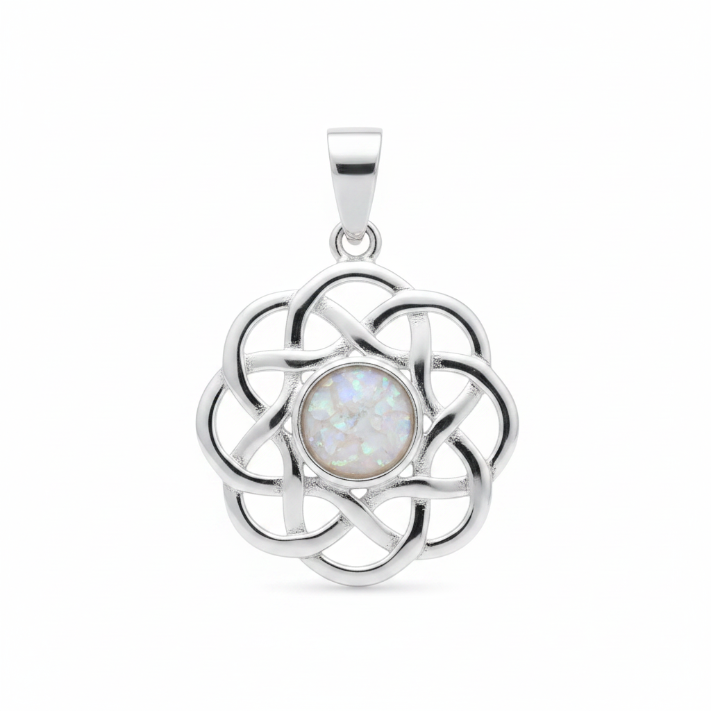 Silver 925 Celtic flower knot memorial pendant with white opal and mica, white background