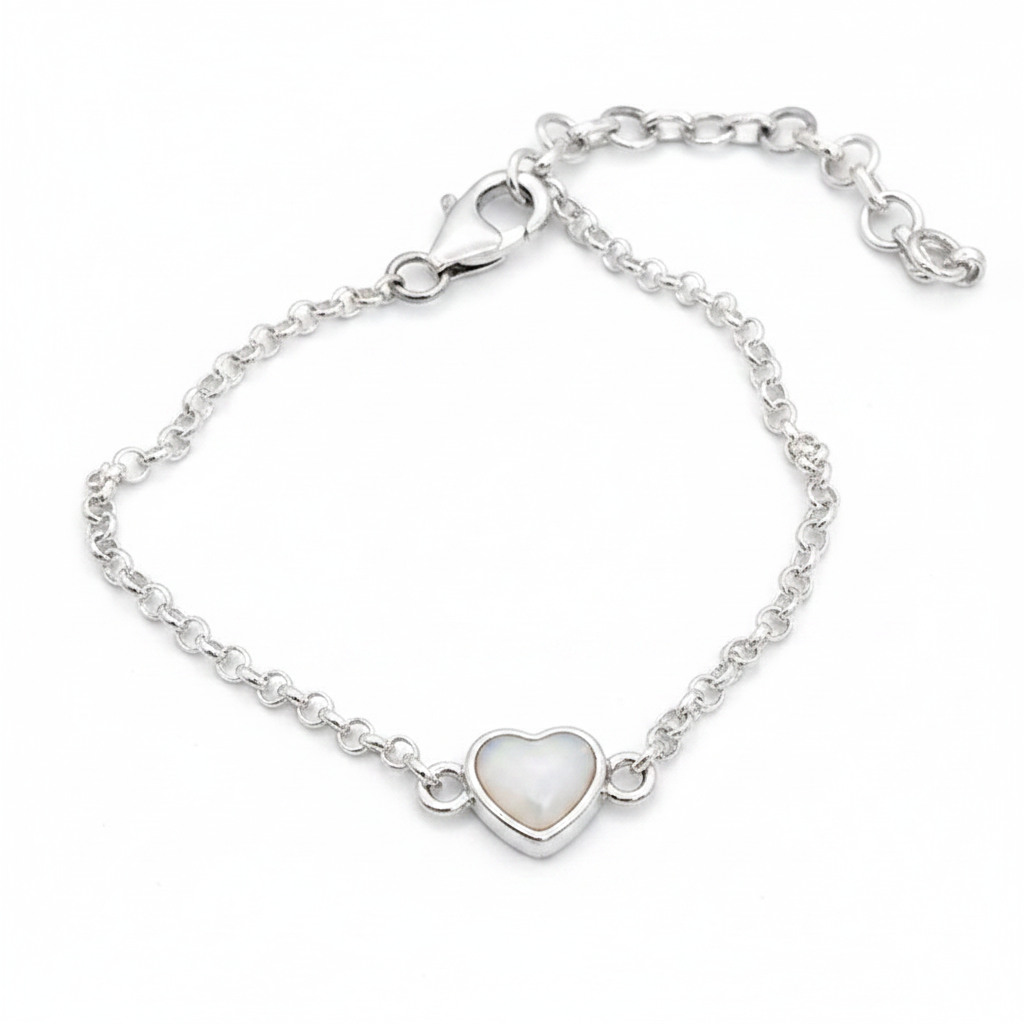 Mini heart charm silver bracelet with white pearl opal resin in heart bezel, white background
