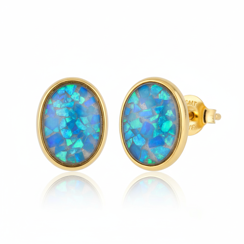 Gold plain edge oval stud earrings with blue opal flakes memorial resin