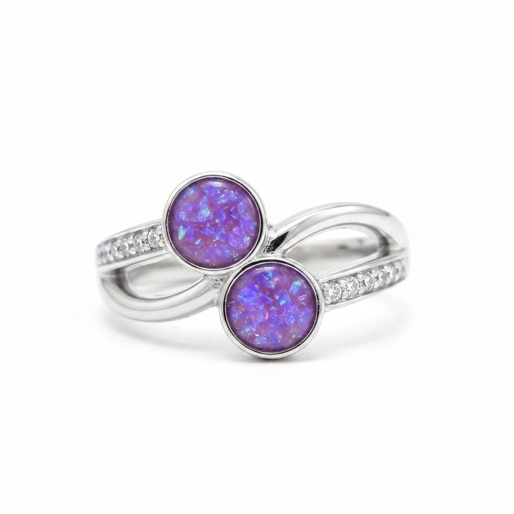 925 sterling silver double round twist memorial ring with lavender purple opal flakes in twin 6mm bezels