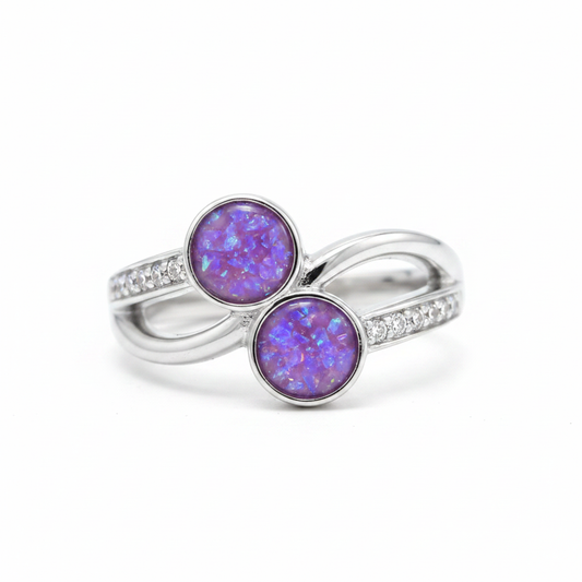 925 sterling silver double round twist memorial ring with lavender purple opal flakes in twin 6mm bezels