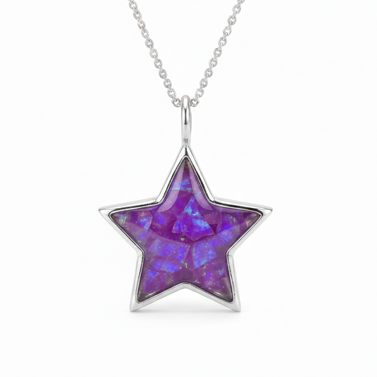 Silver 925 star memorial pendant — lavender purple opal flakes domed resin inclusion