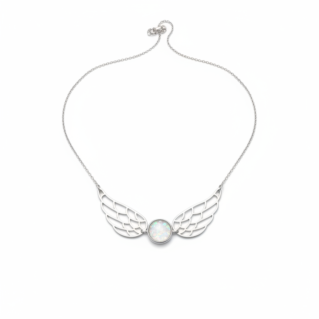 Silver 925 wide angel wing memorial necklace with white opal and mica and chain, white background