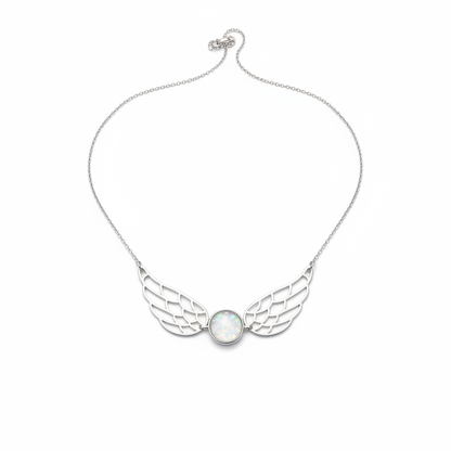 Silver 925 wide angel wing memorial necklace with white opal and mica and chain, white background