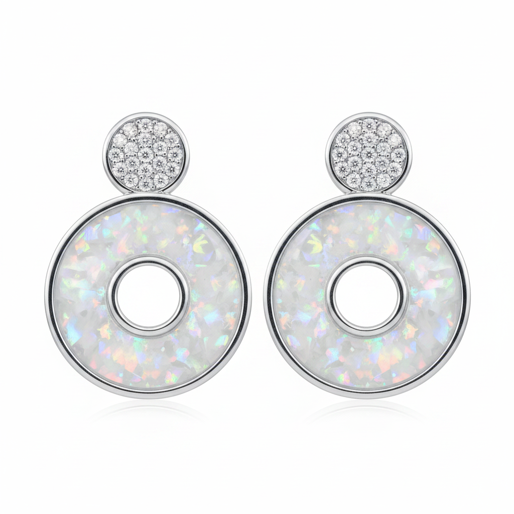 Silver 925 fancy circle CZ memorial stud earrings — white pearl opal flakes in 4mm circular resin channel with CZ pave disc above