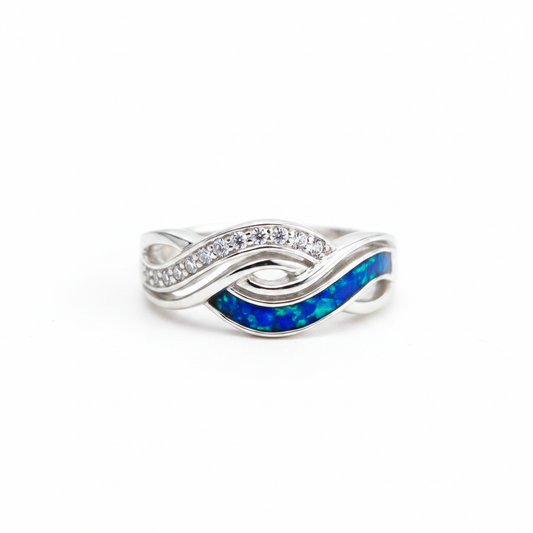 Half infinity sterling silver memorial ring with blue teal opal flakes inclusion