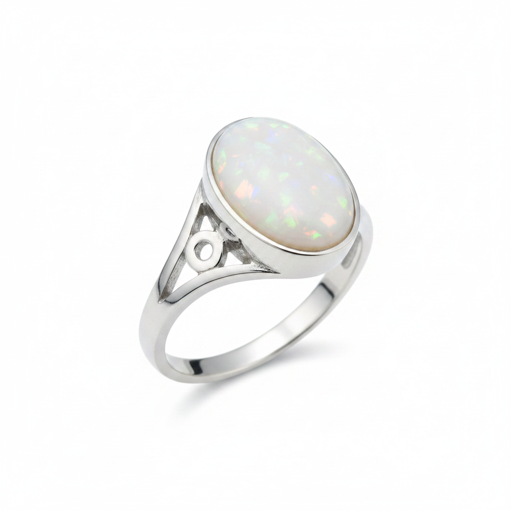 Silver 925 scroll shoulder memorial ring — white pearl opal flakes resin in 10x8mm oval setting, open scroll shoulder cutouts