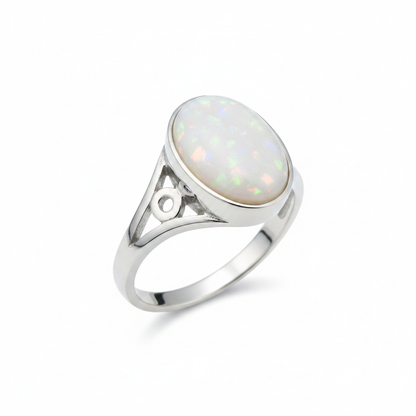 Silver 925 scroll shoulder memorial ring — white pearl opal flakes resin in 10x8mm oval setting, open scroll shoulder cutouts