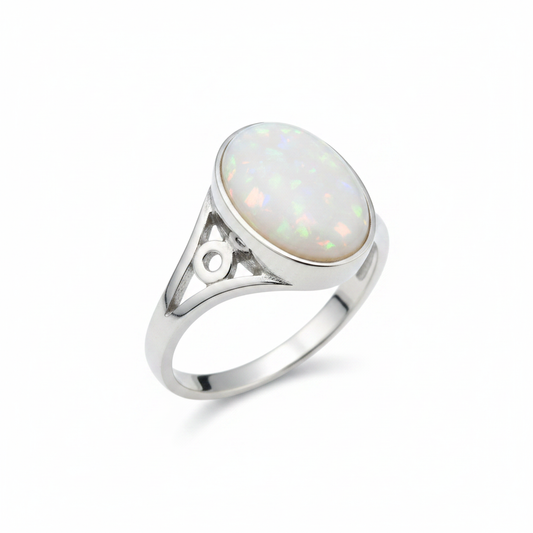 Silver 925 scroll shoulder memorial ring — white pearl opal flakes resin in 10x8mm oval setting, open scroll shoulder cutouts