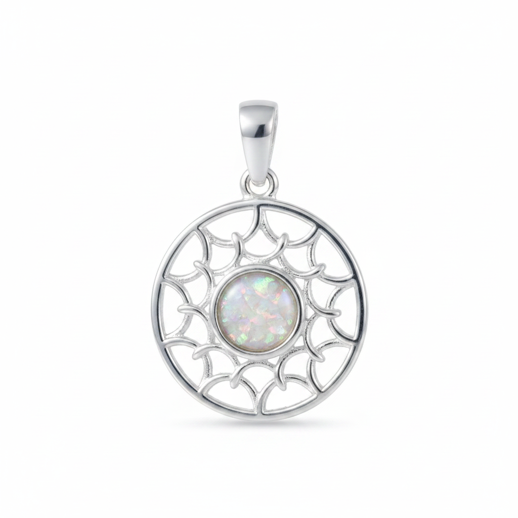 Silver 925 sun scale memorial pendant with white opal and mica, white background