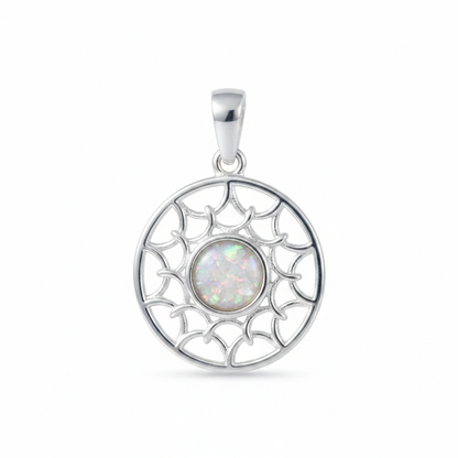 Silver 925 sun scale memorial pendant with white opal and mica, white background