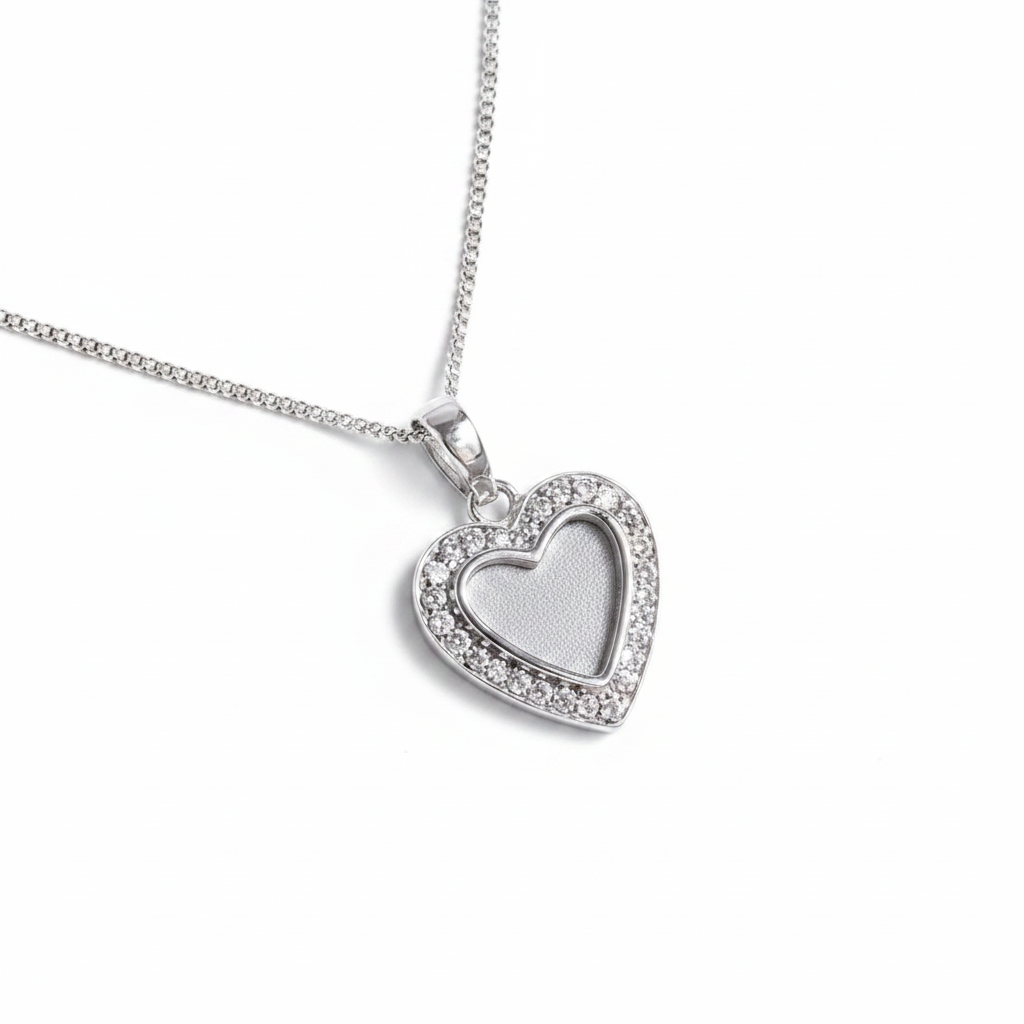 CZ Halo Heart 925 Silver Memorial Pendant — plain silver centre on white background