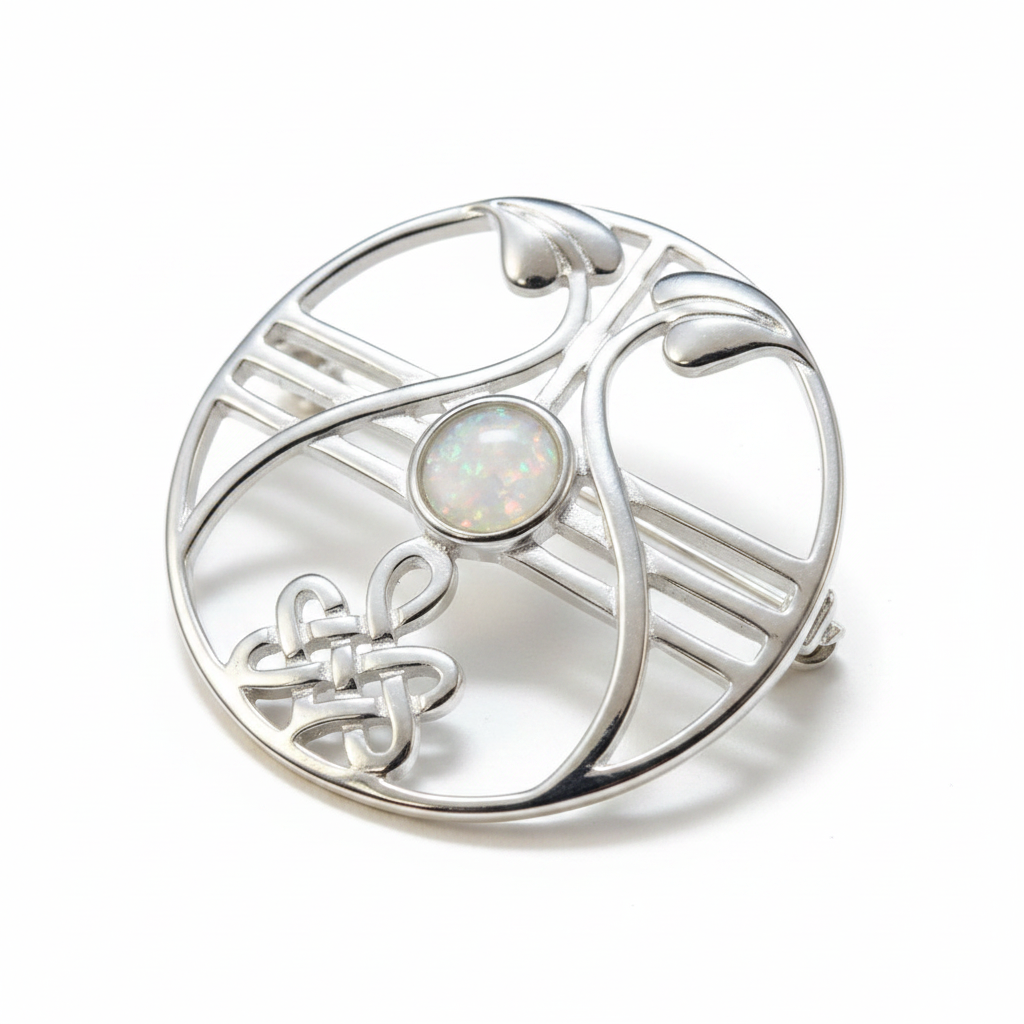 Silver 925 Celtic round open-work brooch with white pearl opal resin in 6mm central setting on white background