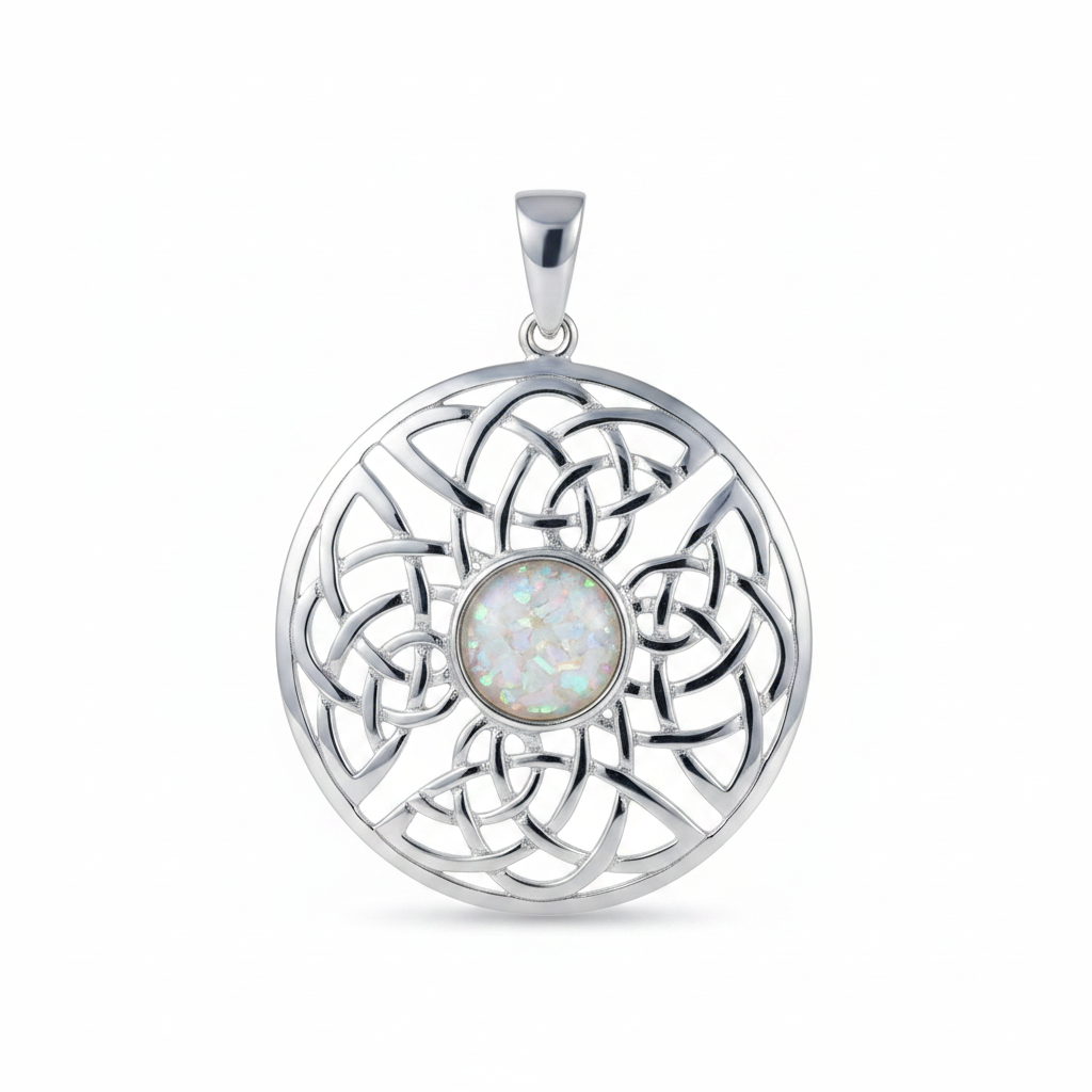 Silver 925 round Celtic knotwork memorial pendant with white opal and mica, white background