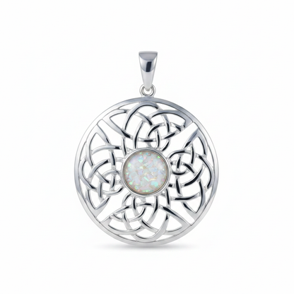 Silver 925 round Celtic knotwork memorial pendant with white opal and mica, white background