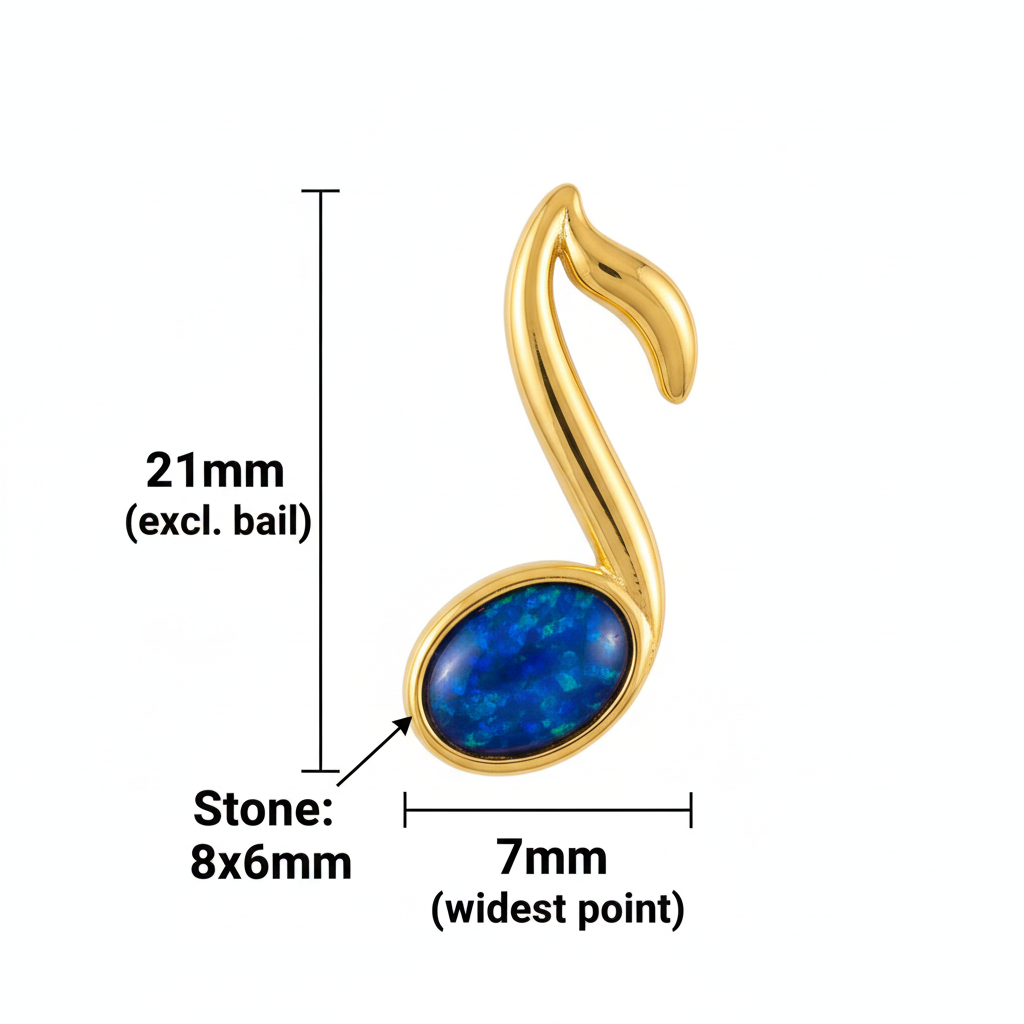 9ct gold music note memorial pendant size guide – 21x7mm overall, 8x6mm stone, excl. bail