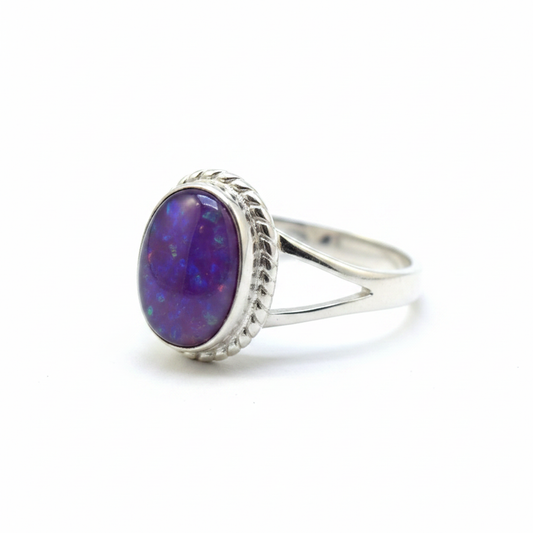 Silver 925 oval rope border memorial ring — lavender purple opal flakes resin in 9x6mm oval setting, decorative rope border surround