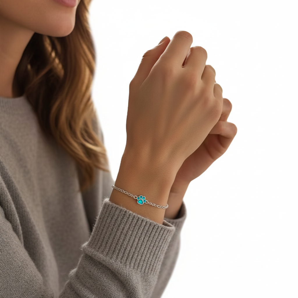 Mini paw charm silver bracelet with blue teal opal resin worn on woman's wrist lifestyle shot, white background