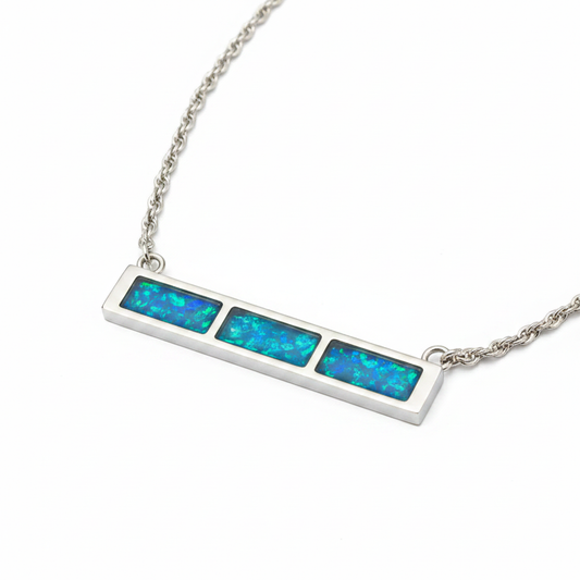 Rectangle trio bar memorial pendant necklace 316L stainless steel blue teal opal flakes
