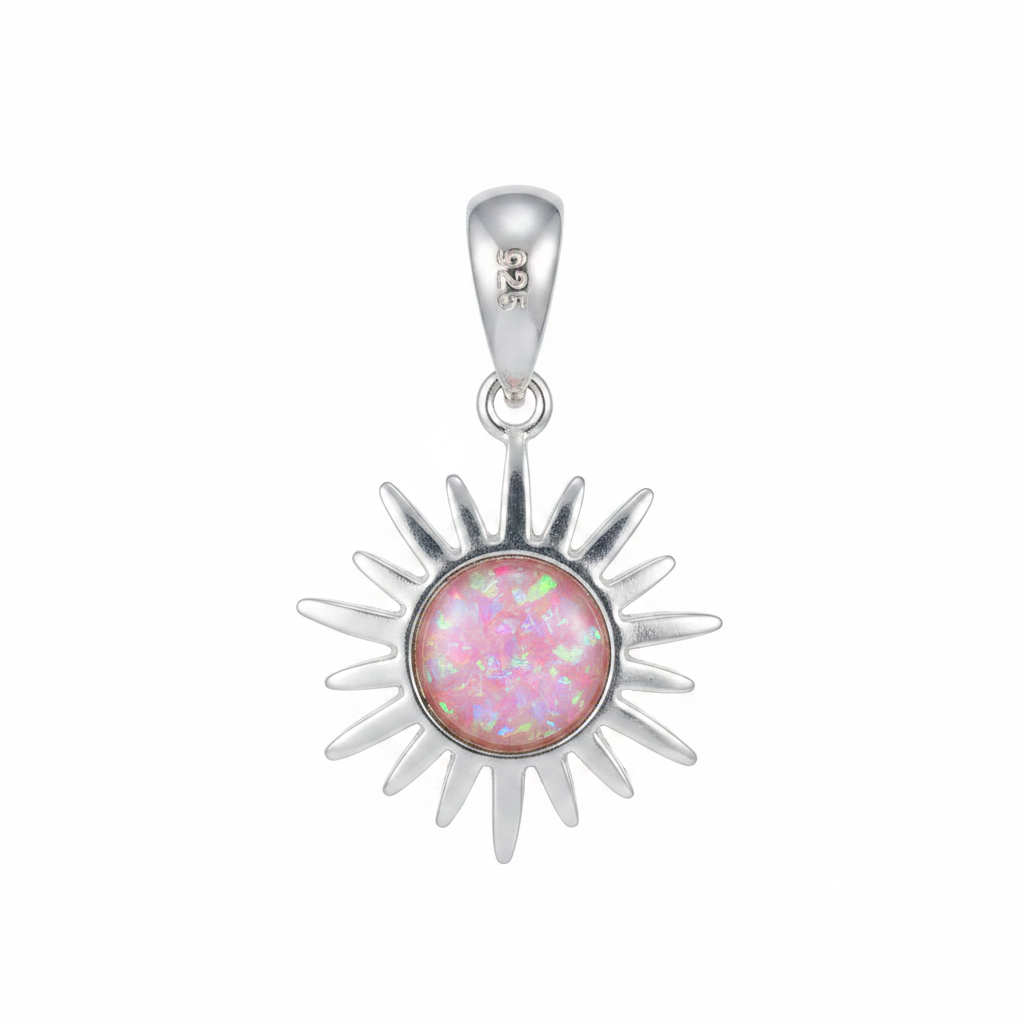 Silver 925 sun memorial pendant with pink opal flakes, white background
