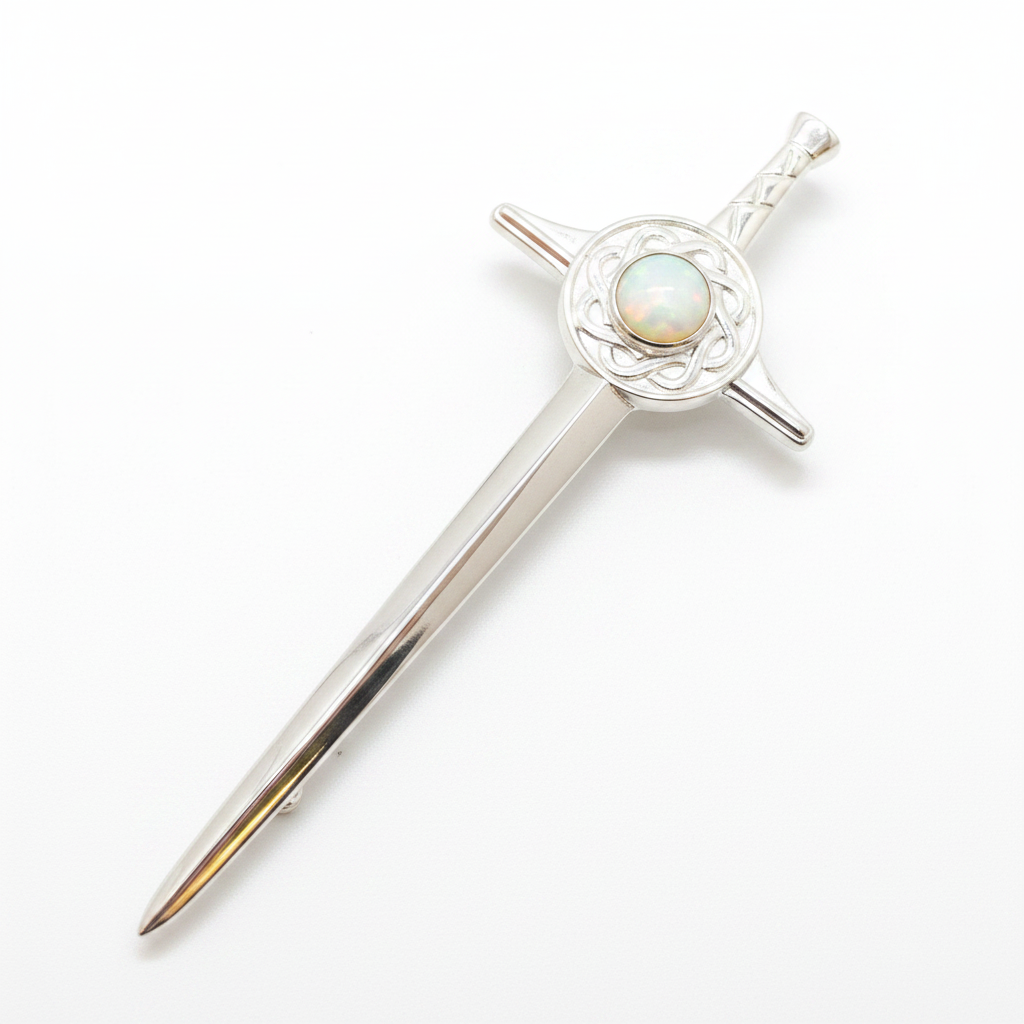 Sword Kilt Pin 925 Silver with white pearl opal cabochon in Celtic knot crossguard — pure white background