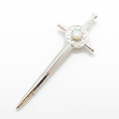 Sword Kilt Pin 925 Silver with white pearl opal cabochon in Celtic knot crossguard — pure white background