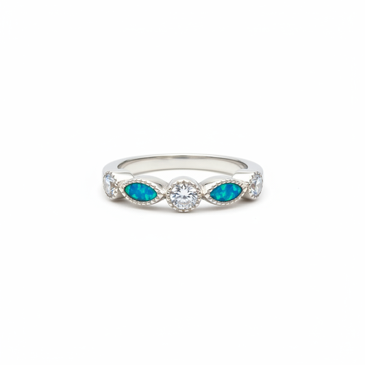 925 sterling silver CZ marquise half band memorial ring with blue teal opal resin in marquise bezels on white background