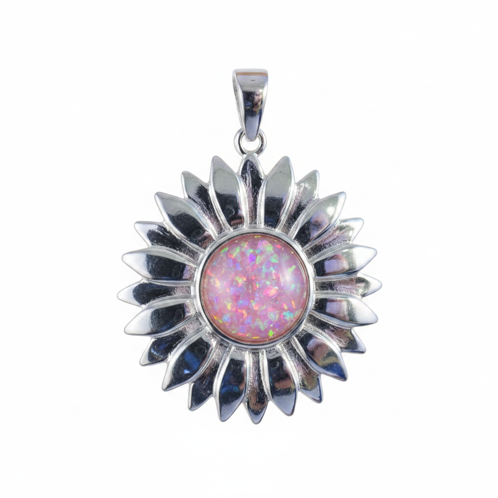 Silver 925 sunflower memorial pendant with pink opal flakes, white background