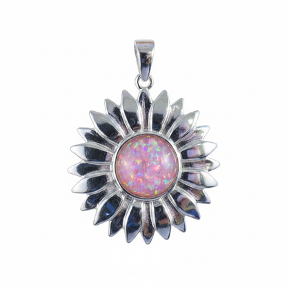 Silver 925 sunflower memorial pendant with pink opal flakes, white background