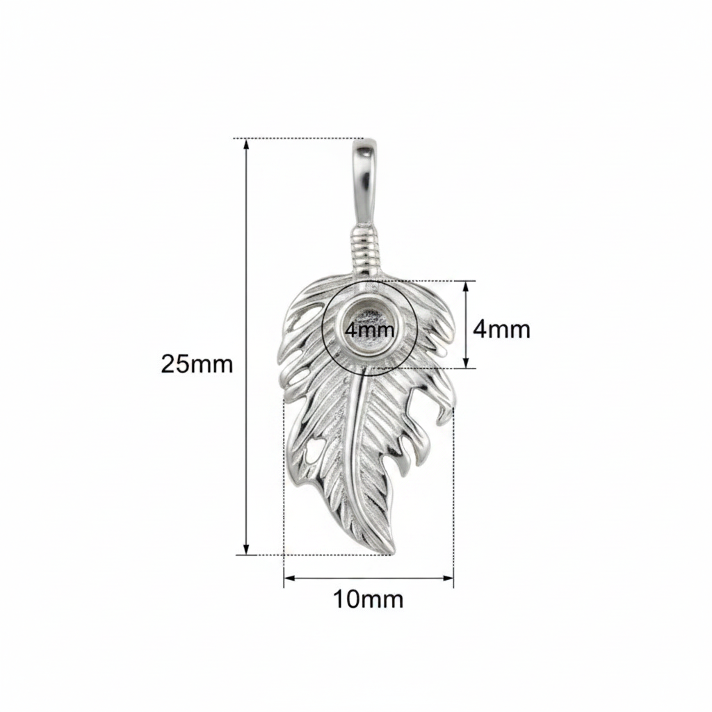 Silver 925 feather leaf memorial pendant dimensions — 25x10mm overall, 4mm cabochon setting