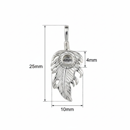Silver 925 feather leaf memorial pendant dimensions — 25x10mm overall, 4mm cabochon setting