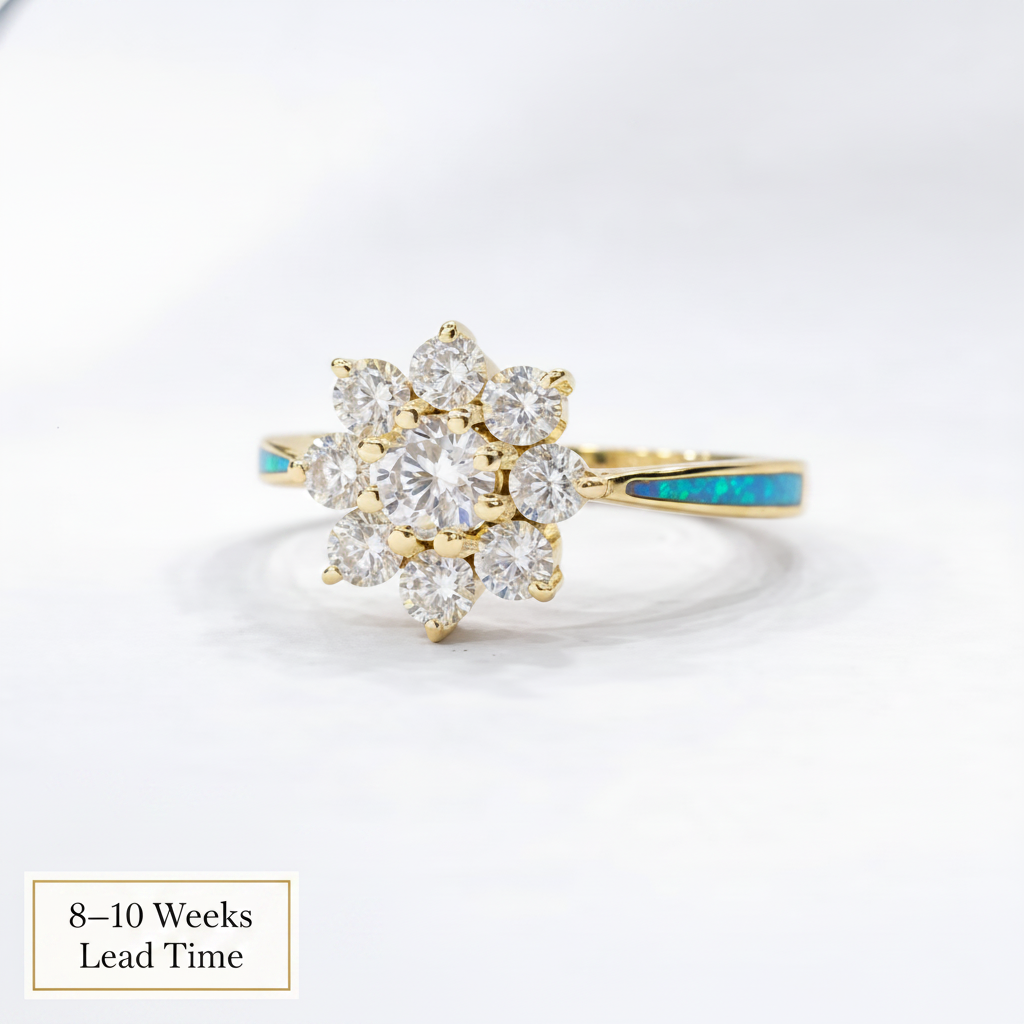 9ct Gold Celestial Cluster CZ Ring — blue teal opal resin, white background