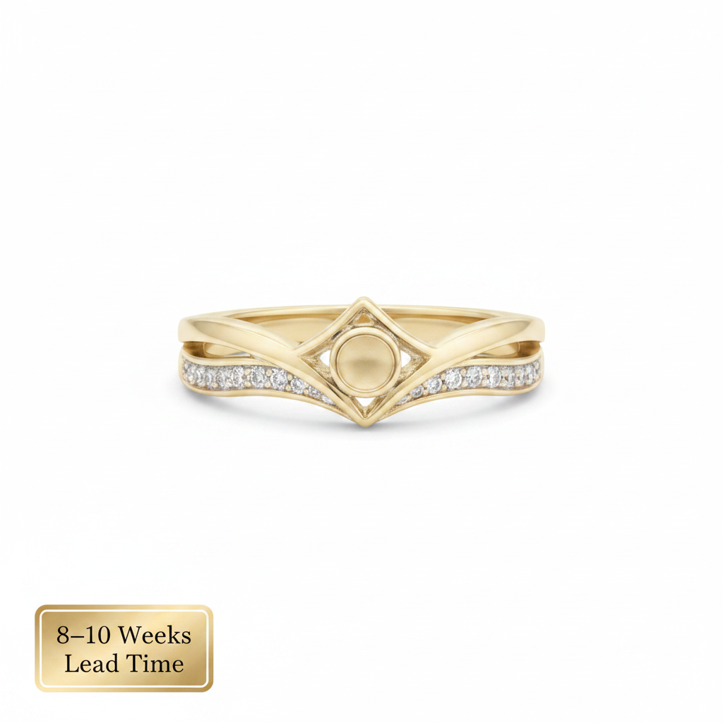 9ct Gold Inverted Wishbone CZ Ring — blank yellow gold, white background, 8-10 weeks lead time sticker