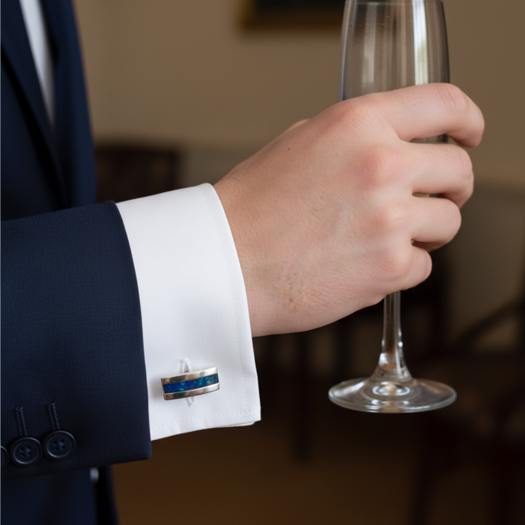 Silver 925 curved rectangular channel cufflink worn on white dress shirt cuff with navy suit jacket lifestyle shot