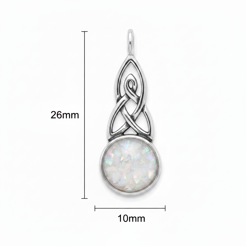 Silver 925 Celtic triquetra round drop memorial pendant with white opal and mica, white background