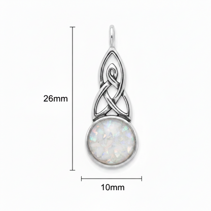 Silver 925 Celtic triquetra round drop memorial pendant with white opal and mica, white background