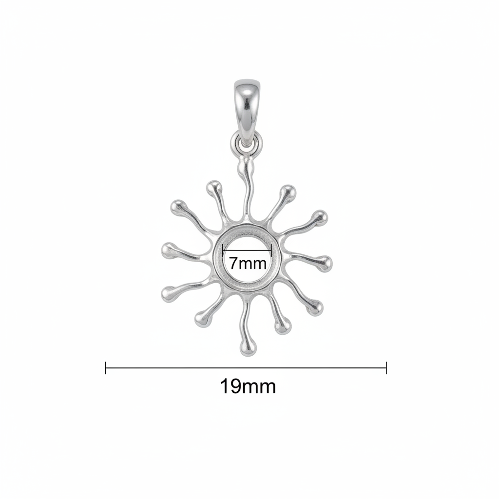 Silver 925 sunburst memorial pendant dimensions — 19mm overall, 7mm round centre setting