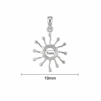 Silver 925 sunburst memorial pendant dimensions — 19mm overall, 7mm round centre setting