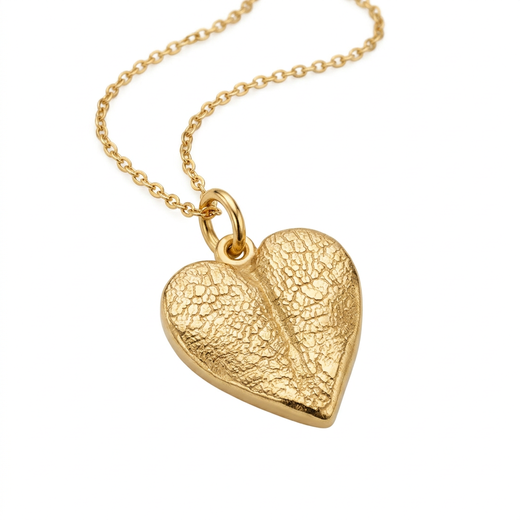 Illustrative gold vermeil heart pet nose print necklace with matching gold-coloured chain