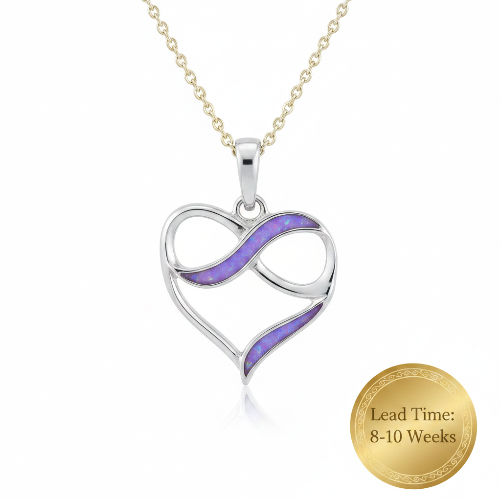 9ct white gold heart infinity pendant with lavender opal resin in infinity channel on chain, white background, lead time 8-10 weeks