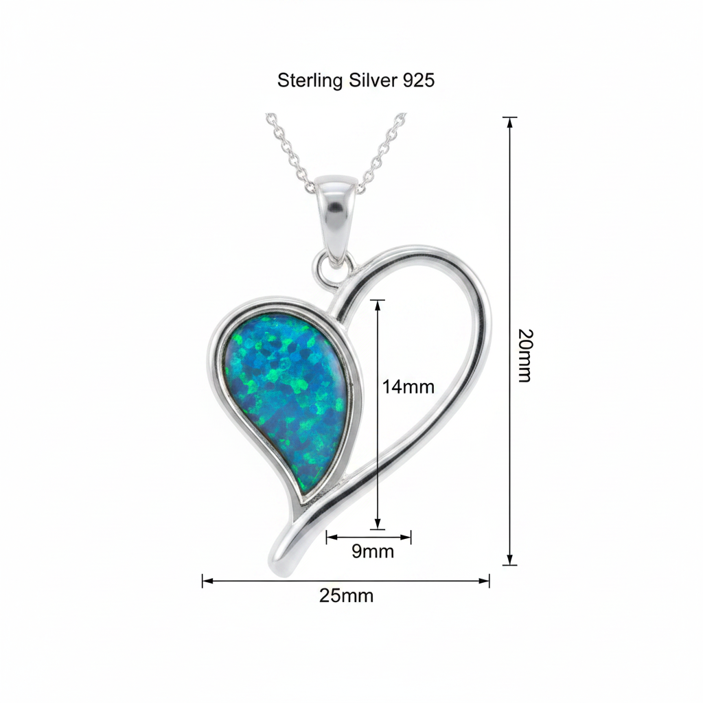 Silver 925 open heart memorial pendant dimensions guide — 25x20mm overall, 9x14mm setting