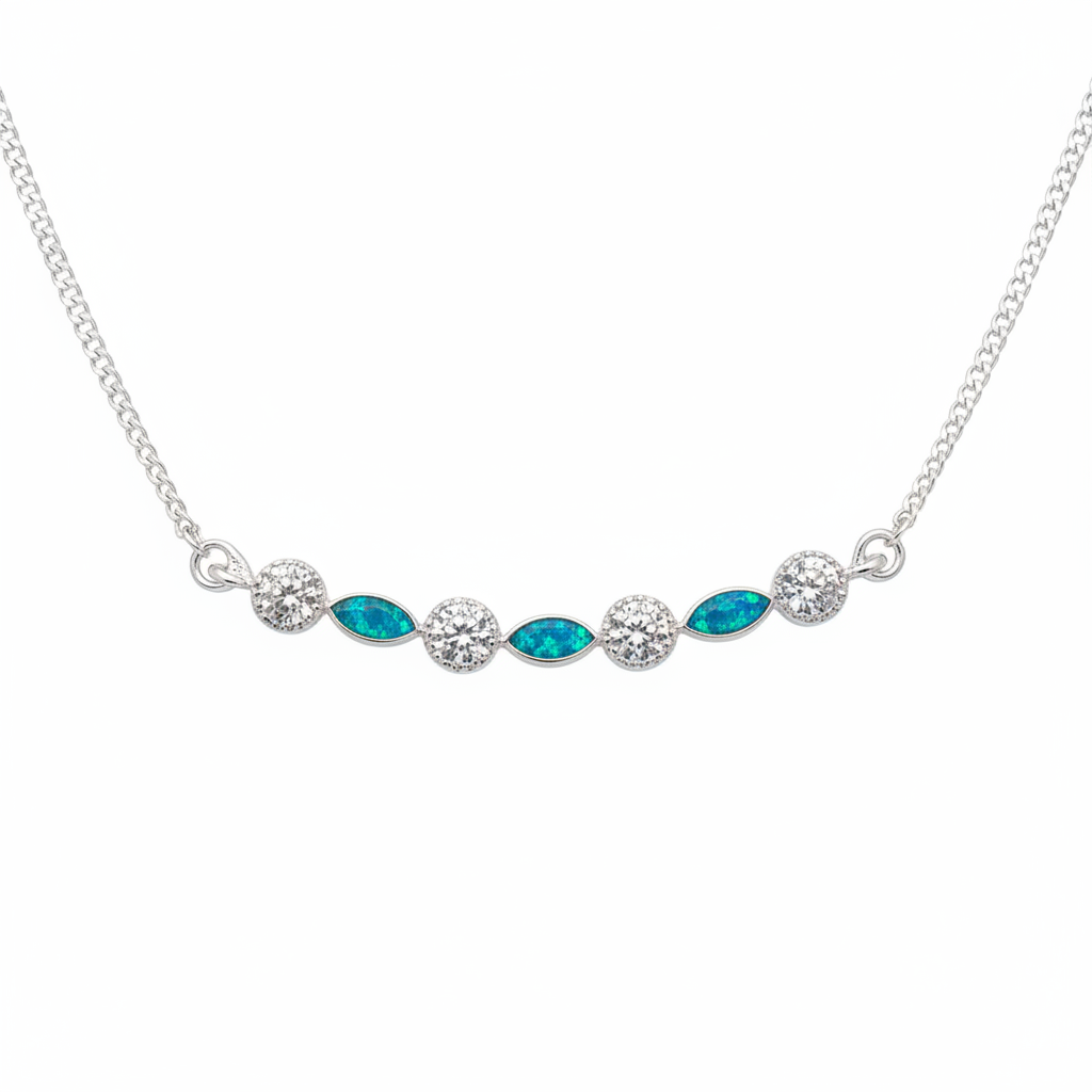 925 sterling silver CZ marquise memorial necklace with blue teal opal resin in marquise bezels on white background