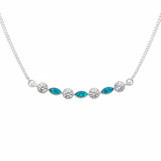 925 sterling silver CZ marquise memorial necklace with blue teal opal resin in marquise bezels on white background