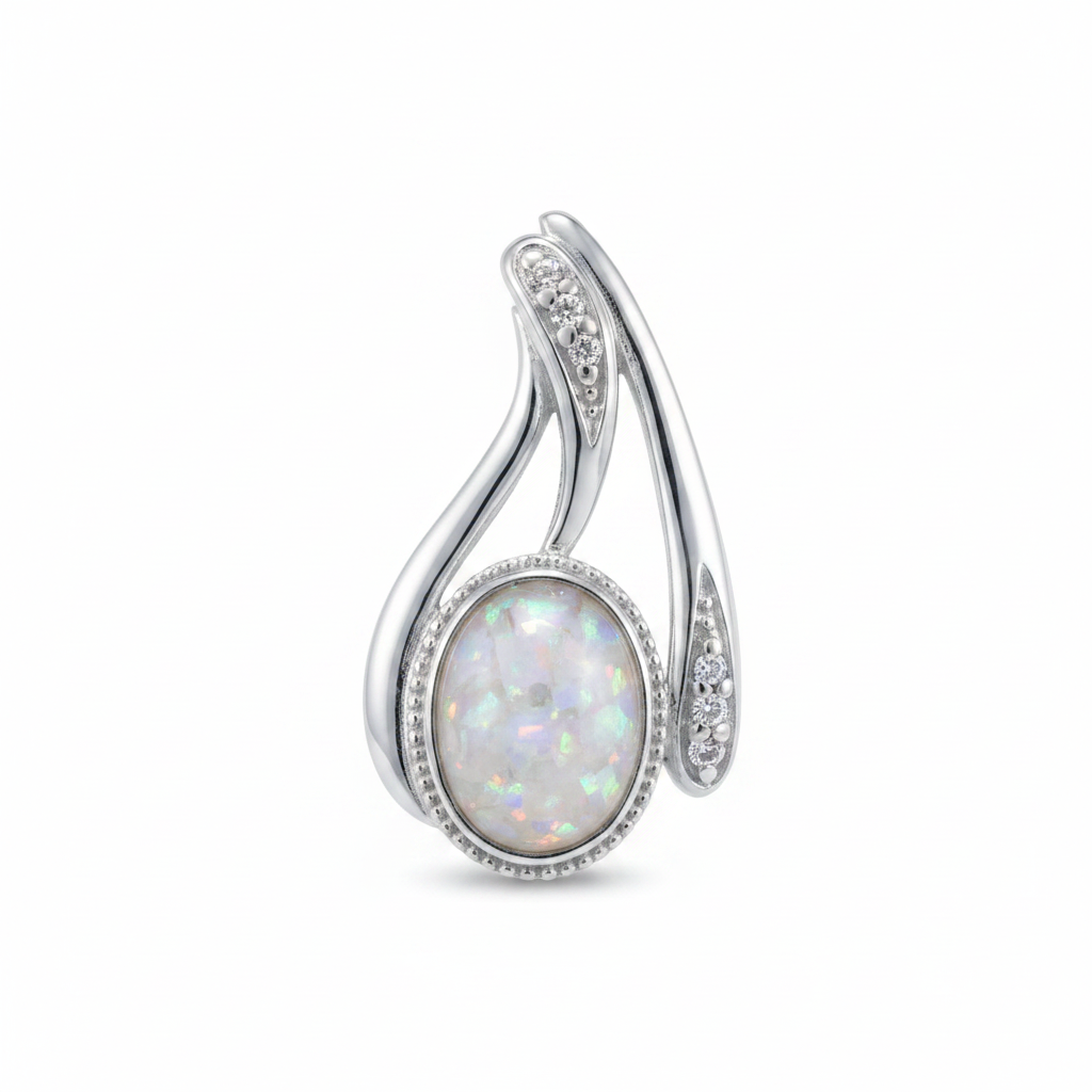 Silver 925 swirl CZ memorial pendant with white opal and mica, white background