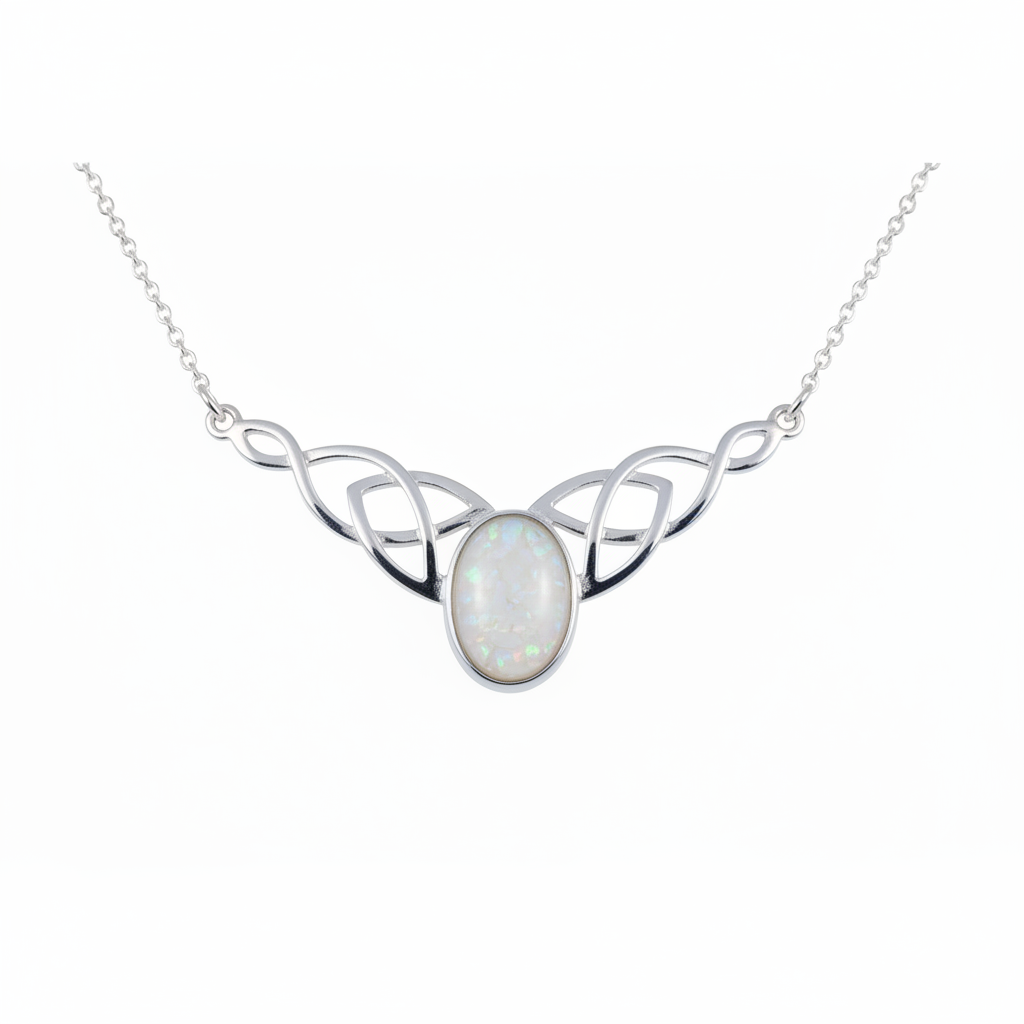 Silver 925 Celtic triquetra bar memorial necklace with white opal and mica, white background
