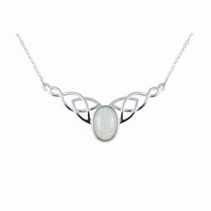 Silver 925 Celtic triquetra bar memorial necklace with white opal and mica, white background