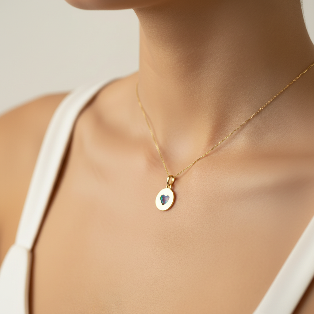 Model wearing 9ct gold heart disc memorial pendant showing true tiny scale on collarbone