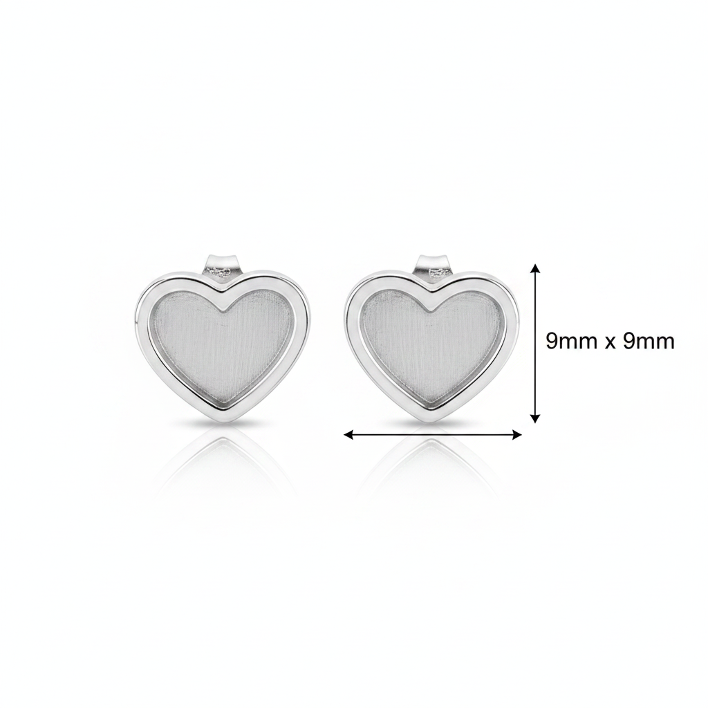 Silver 925 plain heart stud earrings — dimensions guide 9x9mm
