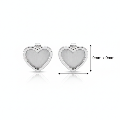 Silver 925 plain heart stud earrings — dimensions guide 9x9mm